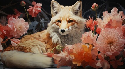 Tranquil fox amidst delicate flowers, depicted in painted artwork