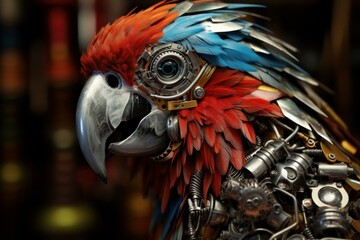 Fototapeta premium Steelpunk metallic parrot. Art nature. Generate Ai