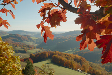 Autumn splendor in the countryside: vibrant leaves and rolling hills