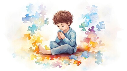 Watercolor illustration of a young boy with colorful jigsaw puzzle, symbolizing problem-solving and learnin, ADHD and Autism awareness concept