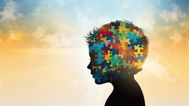 Silhouette of a child's head filled with multicolored puzzle pieces representing complex thinking and autism mental health concept
