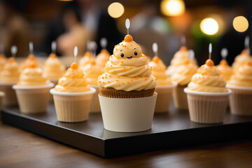 A tiny and cute disposable cupcake topper featuring a smiling face on a dessert display