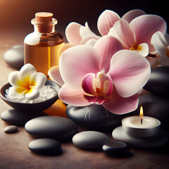 Obraz na płótnie Canvas spa still life with candles and orchid. spa, flower, candle, stone, orchid, beauty, massage, aromatherapy, towel, zen, bath, health, relax, Ai generated 