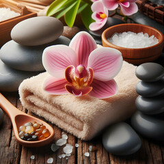 Obraz na płótnie Canvas spa still life with stones and orchid. towel, flower, beauty, stone, wellness, zen, white, massage, relaxation, treatment, bath, orchid, health, aromatherapy, therapy, stones, candle,Ai generated 