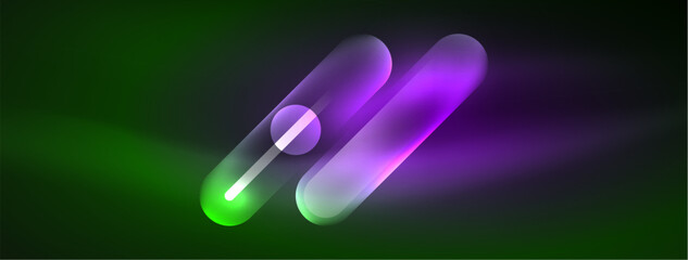 Abstract design pulsates with neon glowing light effects, casting an entrancing glow in the darkness, captivating the eye with its vibrant energy. Glass circles neon glowing light effects