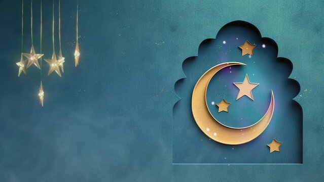 ramadan eid mubarak with paper mosque window with stars and islamic lantern with glitter