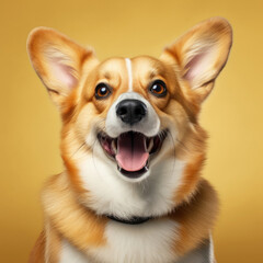 Portrait of a corgi dog on yellow background