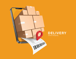 online shopping, Parcel boxes or cardboard boxes are stacked and paper receipt or invoice and pin location come out of smartphone after customers place orders online, vector 3d isolated for e commerce