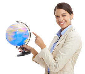 Portrait, planet or woman with a globe, pointing or employee isolated on white studio background. Face, person or consultant with map or earth with teacher or geography with knowledge or eco friendly