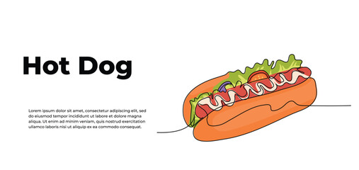 Hot dog one continuous line design. Restaurant food menu design concept. Decorative elements drawn on a white background.