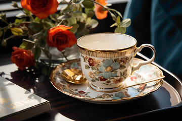 Obraz na płótnie Canvas A charming disposable teacup with a floral pattern on a cozy breakfast table