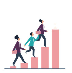 Growth to success, team achievement or teamwork to achieve target, career development or business strategy to win or victory, growing business concept, business people running up graph to trophy.