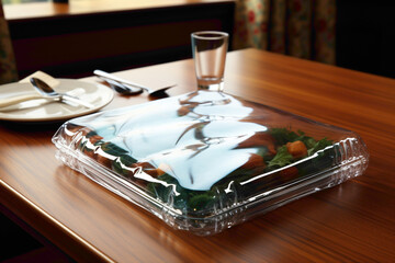 A familiar disposable plastic plate on a dining table - obrazy, fototapety, plakaty