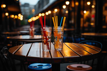 A used and discarded plastic straw on a cafe table - obrazy, fototapety, plakaty