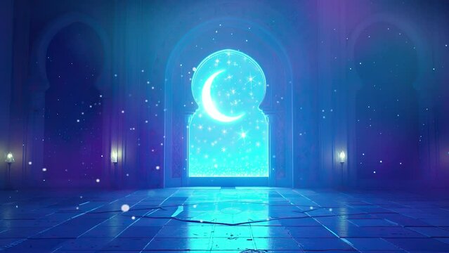 ramadan eid mubarak with paper mosque window with stars and islamic lantern with glitter