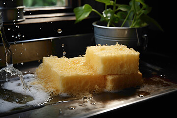 A disposable sponge with soap suds on a kitchen sink - obrazy, fototapety, plakaty