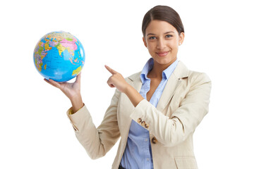 Portrait, business and woman with a globe, pointing and employee isolated on white studio background. Face, person and consultant with smile or earth with teacher and geography with education or map