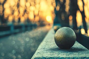 Granite ball on the bridge at sunset. Vintage filter.