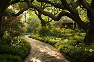 Paths trees backyard house. Garden outdoor. Generate Ai