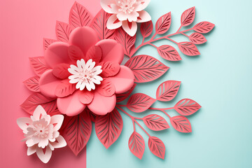 Paper cut flowers and leaves, Fresh spring nature background. Floral banner, poster, flyer template with copy space.