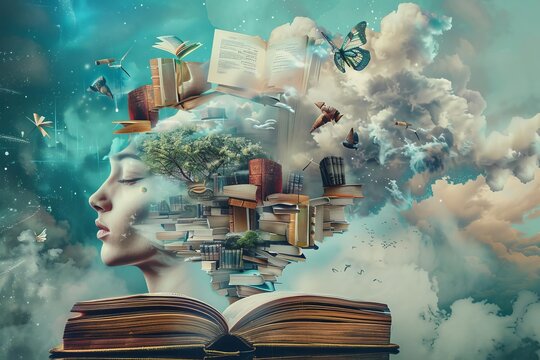 Collage representing the power of knowledge and creativity within the human mind Blending education and imagination