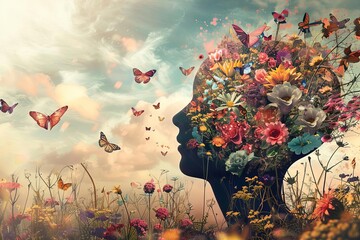 Conceptual art of a human mind as a flourishing garden Depicting growth Creativity And emotional wellness with vibrant flowers and butterflies