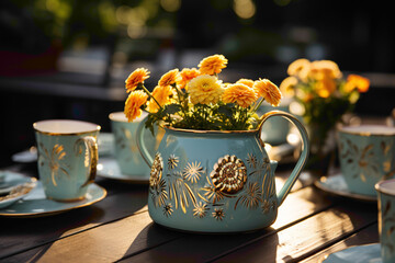 A lovable mini disposable watering can with a charming flower motif on a garden table - obrazy, fototapety, plakaty