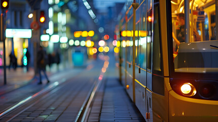 Tram in the city at night. Long exposure photo with selective focus - obrazy, fototapety, plakaty