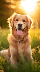Candid Moment: A Playful Golden Retriever Basking in Warm Sunlight on a Lush Green Field