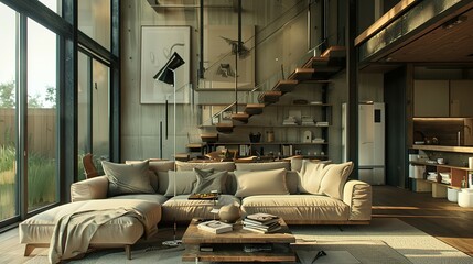 Modern design interior farmhouse living room with sofa - obrazy, fototapety, plakaty