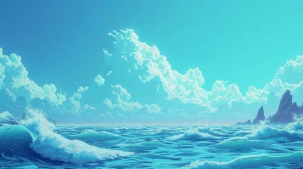 Rolgordijnen ピクセルアートスタイルの青空と青い海 © ayame123