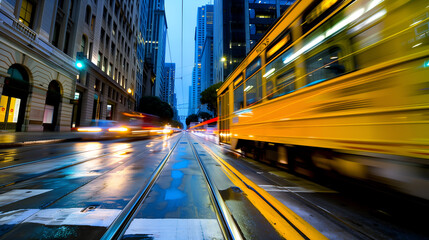 Yellow tram at night in motion - obrazy, fototapety, plakaty