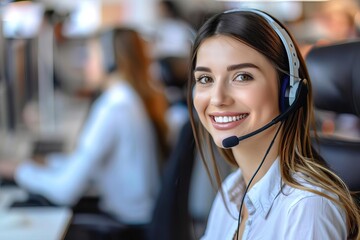 Customer service representative with a friendly smile Working in a modern call center Professional and welcoming - obrazy, fototapety, plakaty