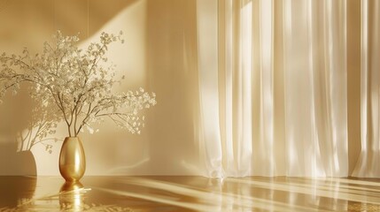Golden Vase with Delicate Flowers in Sunlit Room
