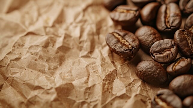 Close-up view of roasted coffee beans arranged on crinkled brown paper, highlighting the beans' rich texture and color.

