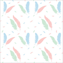 Blue, red and green feathers on white background. Seamless vector pattern.