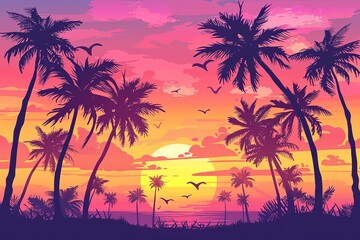 Fototapeta na wymiar Elegant silhouettes of palm trees against a sky painted with the warm hues of a tropical sunrise or sunset Evoking a peaceful and idyllic atmosphere