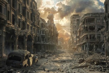 Fantasy illustration of a post-apocalyptic cityscape Showing the aftermath of a catastrophic event With deserted buildings and a sense of desolation - obrazy, fototapety, plakaty