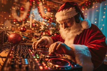 Festive christmas party with santa claus dj Set against a backdrop of holiday decorations Bringing joy and lively entertainment to the season - obrazy, fototapety, plakaty