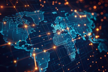 Obraz premium Futuristic digital world map with glowing nodes and lines Cyber security and global network concept Dark blue background