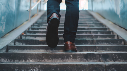 Fototapeta premium Businessman walking up the stairs. Close up of male legs. Business success concept.