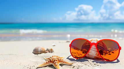 Red sunglasses with seashells and starfish on a tropical beach