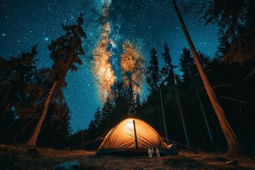 Idyllic camping site in a secluded forest clearing With a cozy tent lit from within and the milky way overhead - obrazy, fototapety, plakaty