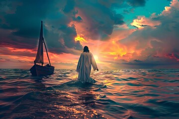 Illustration of jesus christ performing a miracle Walking on water towards a boat at dusk Embodying faith Hope And divine intervention