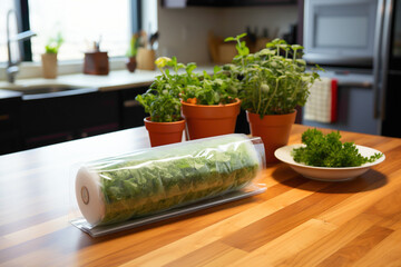 A roll of everyday disposable cling wrap in a modern kitchen setting - obrazy, fototapety, plakaty