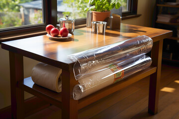 A familiar disposable plastic wrap dispenser on a dining table - obrazy, fototapety, plakaty