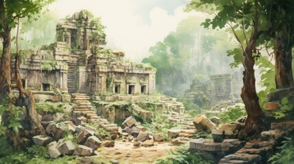 Generative AI Ancient ruins nestled in lush jungles. aquarelle - obrazy, fototapety, plakaty