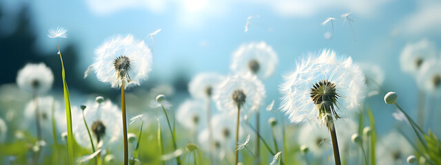 spring landscape featuring a vast expanse of greenery with clusters of white dandelions