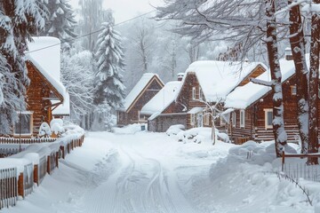 Winter wonderland village scene with snow-covered cottages