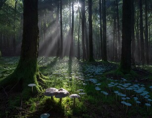Picture a hidden grove where bioluminescent mushrooms carpet the forest floor - obrazy, fototapety, plakaty